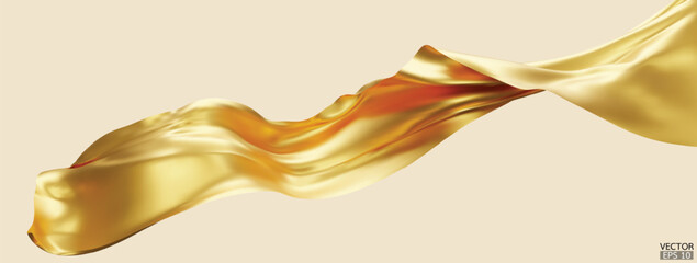 Flying gold silk textile fabric flag background. Smooth elegant golden Satin Isolated on beige Background for grand opening ceremony. Gold curtain. 3d vector illustration