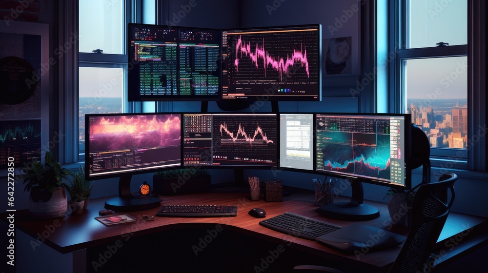 The side view from a computer desk with multiple screens displaying ...