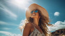 Beautiful Woman Looking To Sun At Beach Wearing Straw Hat And Sunglasses And White Floral Dress	