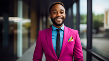 Work Portrait Of Happy Poc Black Man Wearing Colorful Pink Business Suit In Office Environment