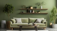 Interior Of A Contemporary Living Room With A Green Sofa, Green Plants, And Green Walls..
