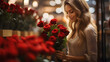 woman smelling a bunch of red roses in a flower shop Generative AI