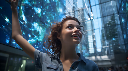 Wall Mural - woman in a blue shirt is looking up at a large screen Generative AI