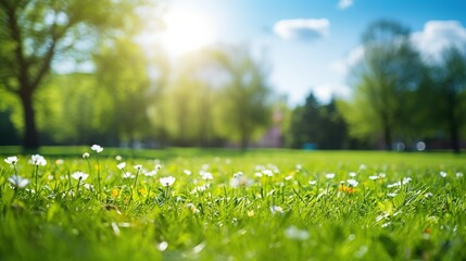 Wall Mural - A sunny day in the countryside with green grass and a clear blue sky