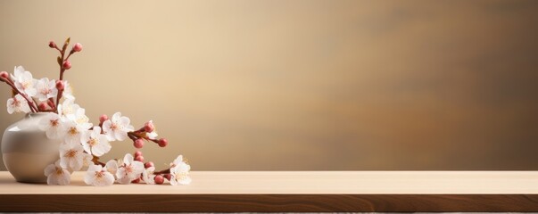 Wall Mural - Empty wooden table for product display showcase stage with spring cherry blossom background