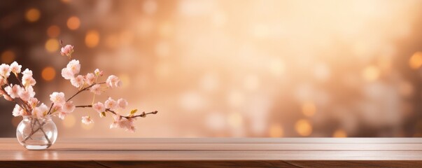 Wall Mural - Empty wooden table for product display showcase stage with spring cherry blossom background