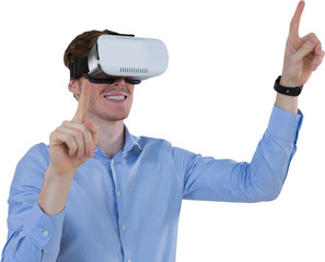 Poster - Digital png photo of businessman wearing vr headset pointing with finger on transparent background