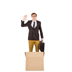 Sticker - Digital png photo of smiling caucasian businessman standing in box on transparent background