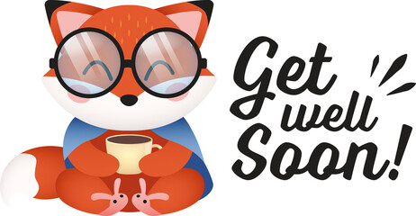 digital png illustration of get well soon text and fox holding cup on transparent background