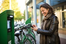 Woman Renting Electric Bicycle Through Smart Phone At Parking Station,Young Beautiful Woman With Smartphone Renting Bicycle From Bike Share Service In The City
