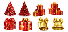 Sticker, Clipart Set Of Red Christmas Tree, Golden Bell And Gift Box On Transparent Background, Generated Ai