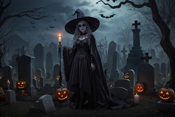 halloween theme with witch on cemetery