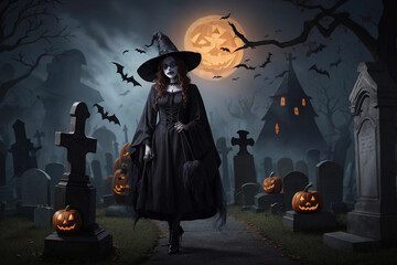 halloween theme with witch on cemetery