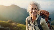 Portrait Active Senior Woman Hiking In The Mountain With Backpack, Happy Mature Woman Climbs To The Top Of The Mountain With Backpack