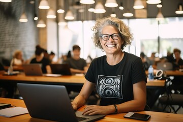 Wall Mural - Portrait of smiling mature businesswoman in eyeglasses working on laptop in coffee shop