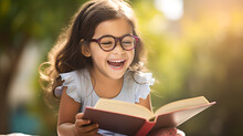 Happy Cute Little Girl Wearing Glasses While Reading Book At Summer Outdoor