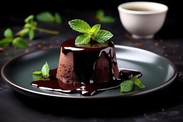 Delicious fresh fondant with hot chocolate and mint