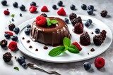Fototapeta Mapy - Delicious chocolate fondant, berries and mint on white plate