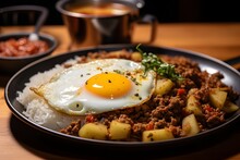 Rice, Meat And Fried Egg On Pan