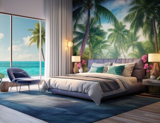 Inside the most luxurious beachfront room next to the sea. You can see outside there is a clean white sand beach. the most beautiful nature There are coconut trees lined up. Sandy beach near clear blu