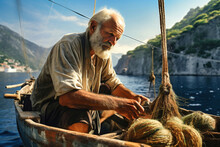 A Gray-haired Old Man In A Fishing Boat Sorts Out Nets For Catching Fish. An Old Seigneur Fisherman In The Bay Catches Fish. Fishing Industry.
