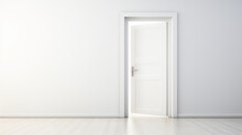 White Half-open Door And White Wall With Copy Space Leading To Luminous Unknown Place