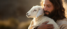 Christian Banner With Jesus Christ Gently Holding A Cute Lamb With Sense Of Protection And Care, Copy Space