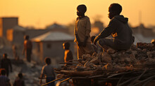 Poor Black African Kids On A Slum Roof Top , Children Poverty In Africa