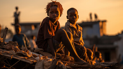 poor black african kids on a slum roof top , children poverty in africa