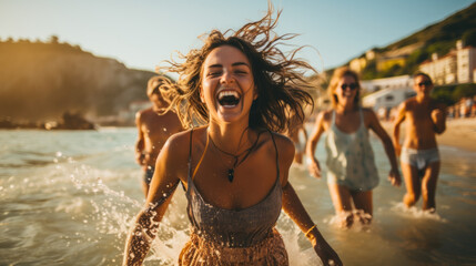 Friends party on the beach in summer , woman dancing at the rhythm of the festive music