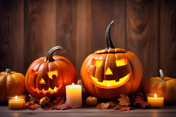 Canvas Print - Halloween pumpkin head jack lantern on wooden background.