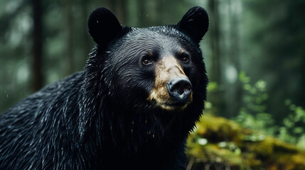 close-up of an adult black bear in the forest.