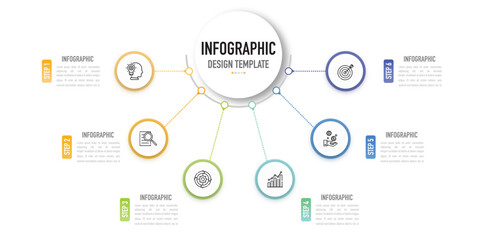 Circular mind map infographic template or element with 6 step, process, option, colorful circle, button, paper origami, tag, label, minimal style for sale slide, agenda, schedule, planner organization