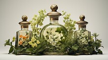  A Group Of Three Bottles With Flowers Inside Of Them On A Table.  Generative Ai