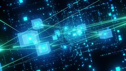 Big data with blockchain network line connection background, technology concept, camera drone fly animation view, blue coloured, 4k resolution