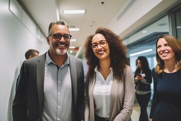 Wall Mural - Happy diverse colleagues standing in office hallway, talking. international business team people, Latin and African American coworkers executives having fun. generative AI