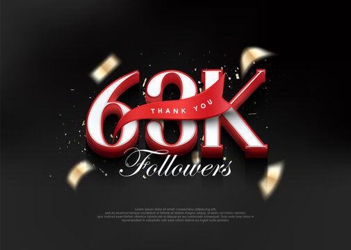 Thank you 63k followers, with 3d numbers with red ribbon.