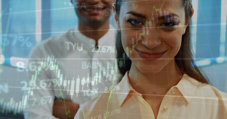 Canvas Print - Animation of graphs and stock market data moving over smiling biracial businessman and businesswoman