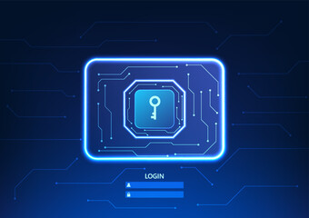 Screen technology background, Access login screen There is a key in the middle. and is surrounded by a circuit board It conveys access to a cyber-secure system.