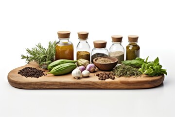 Wall Mural - herbal medicine from vegetables on jar bottle on white background 