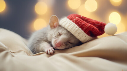 Wall Mural - Cute mouse in santa hat sleeping on white sheet, Christmas blurred background