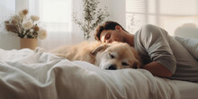Dog With His Owner In Bed