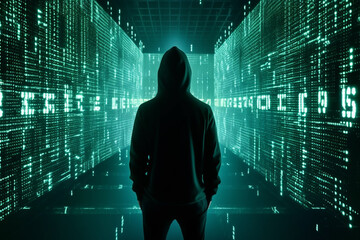 hooded hacker in front of binary code background. hacking concept