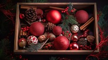 Top View Of A Wooden Crate Filled With Various Red Christmas Ornaments, Decorations, And Baubles