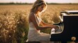 woman in the field playing piano