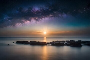 Wall Mural - sunset at the beach night view of the sea with stars in the sky AI GENERATED