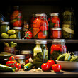 canning and fermentation of vegetables. Pickled cucumbers and tomatoes in jars in a bright kitchen near the window.