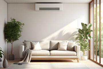 green energy heat pump AC sustainable modern living room with sofa