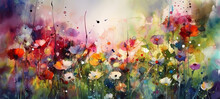 Abstract Art. Colorful Painting Art Of A Spring Flower Meadow. Floral Watercolor Background. Generative AI