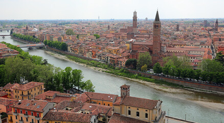 Wall Mural - Panoramic view of Verona City in Italy and River ADIGE and bell tower of Basilica SANTA ANASTASIA